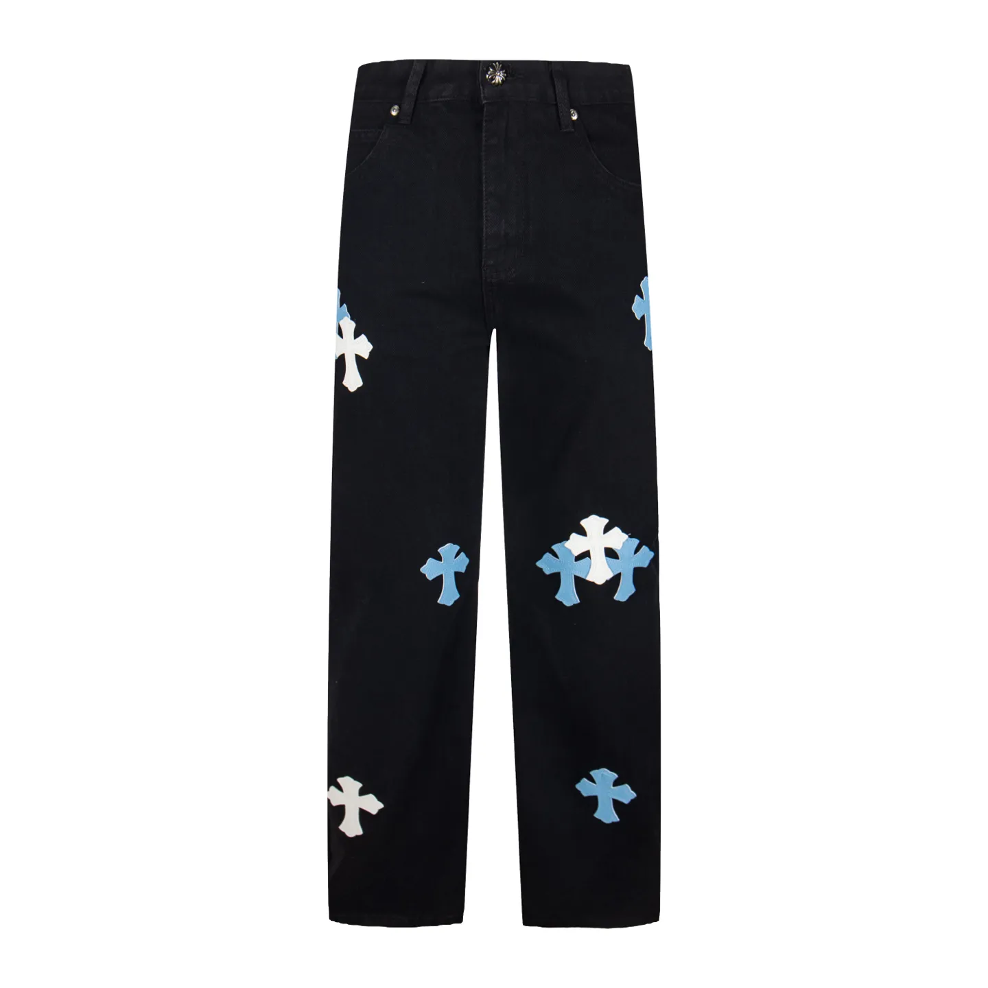 P260 Chrome Hearts Black Pants Sanskrit Blue and White Patch Leather Jeans CH jeans need to be washed before being dismantled and then hand-stitched with sheepskin cross leather and then spliced ​​together. The whole piece has too many craftsmanship to describe. The patches are decorated with cross patterns and the high-waisted washed jeans! ! Absolutely high-end luxury products, god-level single products and super popular products, made with top heavy industry, a must-see magic weapon. Customized hardware. The fabric is thick and soft after washing. It has good breathability. Customized small leather label. Unique design. The details are simple and elegant, and the workmanship is exquisite. The entire trousers are neatly routed and the details are in place! It’s so cool that both men and women can easily control the genderless trend! Style number: 1873# Color: black Size: 28 30 32 34